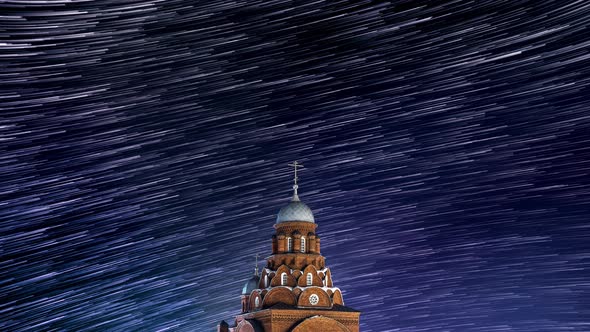 Night Stars Trail Timelapse Red Church Cathedral in Old City