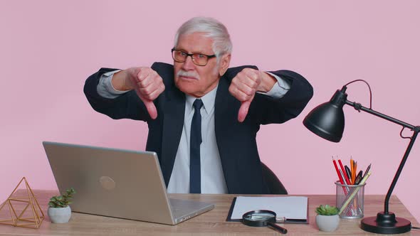 Upset Senior Business Man Showing Thumbs Down Sign Gesture Disapproval Dissatisfied Dislike alt