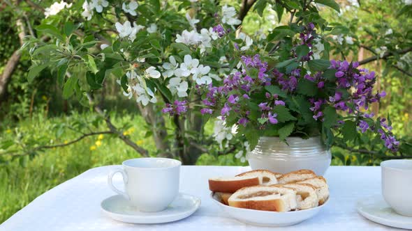 Table Set for Tea Drinking in the Garden in Spring