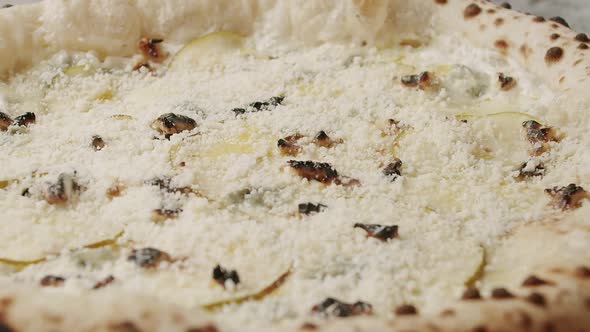 Big Pizza with 4 Cheese with Pear Ready for Eating Delicious Italian Pizza alt