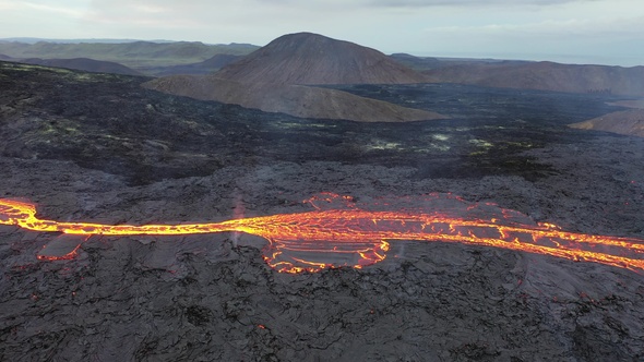 Iceland. Volcanic eruption.Impressive aerial view of the exploding red lava from the Active Volcano. alt