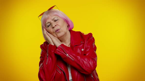 Lazy Elderly Woman Yawning Sleepy Inattentive Feeling Somnolent Bored Suffering From Lack of Sleep alt