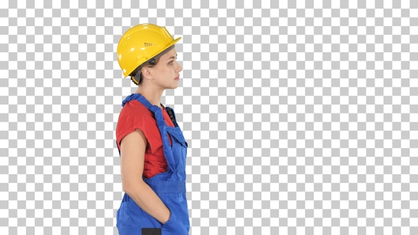 Construction worker lady walking emotionless, Alpha Channel alt