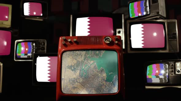 Satellite View of Doha, Capital of Qatar, from Space on Retro TVs.
