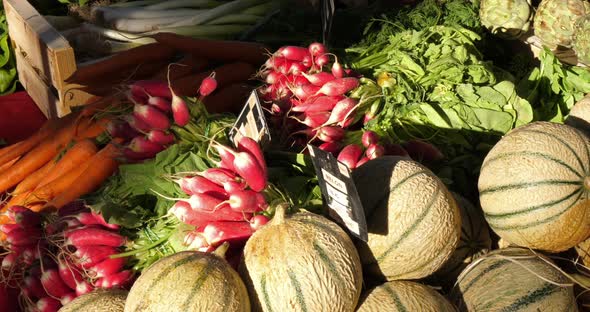 Fresh vegetables on stalls in a southern France market. Melon, radishes salads and carrots alt