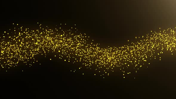 A render of golden dust particles flying along the trajectory of a wave