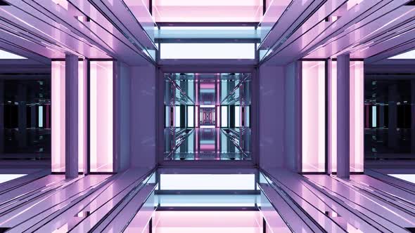 A 3D Illustration of  FHD 60 FPS Neon Lamps Reflecting in Modern Corridor