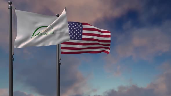 Morgan Hill City Flag Waving Along With The National Flag Of The USA - 2K alt