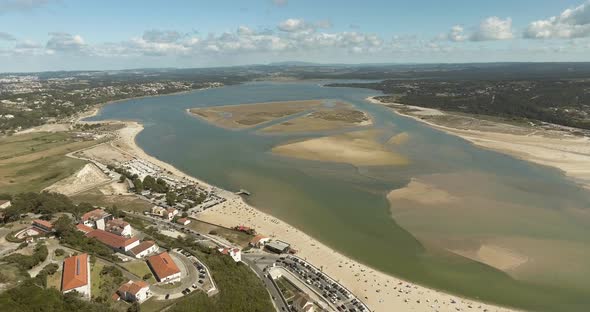 Aerial View Of Obidos Lagoon Next To Foz do Arelho Beach