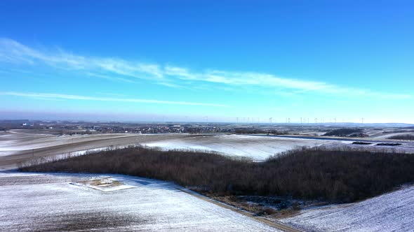 Wintry Landscape Near Wine Quarter In Zistersdorf In Lower Austria. wide aerial drone alt