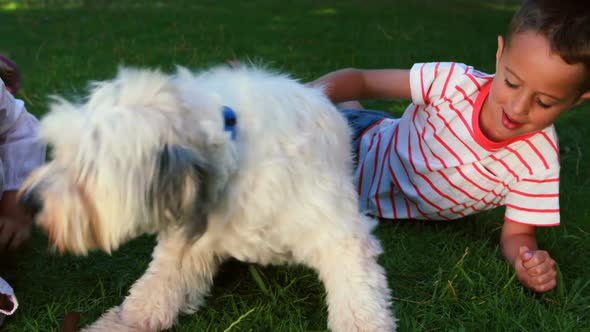 Siblings sitting with their pet dog in park alt