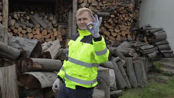 Lumberjack in Reflective Jacket, Man Woodcutter Show Ok Sign, Sawn Logs, Firewood Background alt