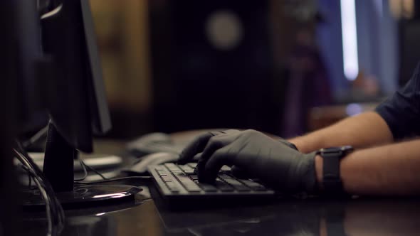 Remote Working With Chatting Colleagues Internet Online Job. Man In Protective Gloves. Quarantine. alt