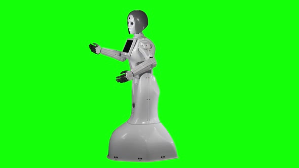 Robot Shows the Various Teams with Their Own Hands. Green Screen . Side View alt