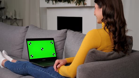 Green Screen Laptop Smiling Woman Watching Comedy Movie or TV Series Laughs alt