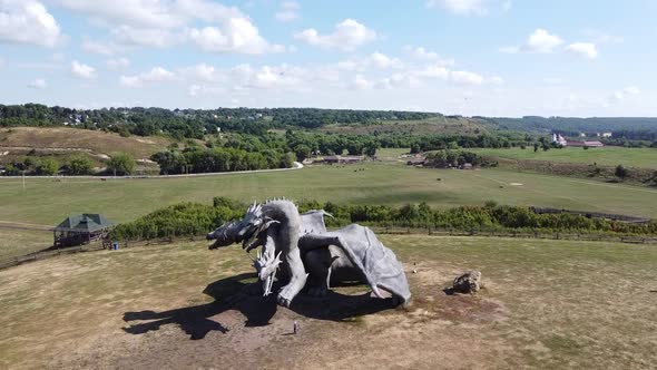 Lipetsk Region, Eletz, Russia 2020: Aerial View of Huge Sculpture of Three-headed Dragon.