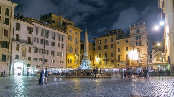 View of Rotonda Square and Fountain Timelapse Near Pantheon at Night Light. Rome, Italy alt
