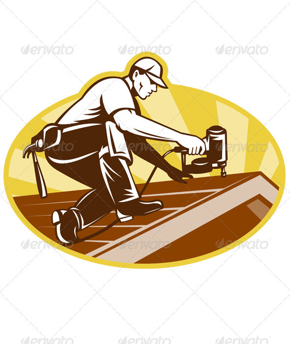 Roofer Roofing Worker Working on Roof - People Characters