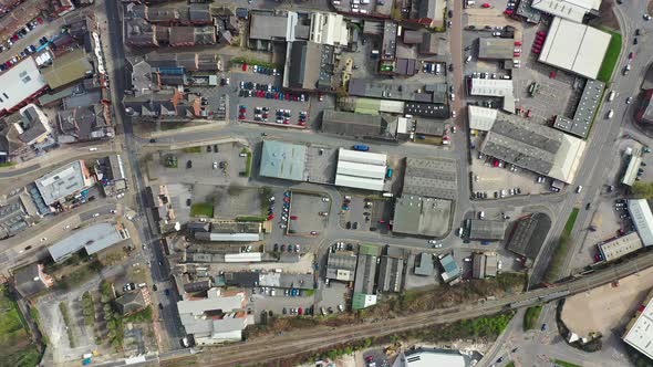 Top down aerial footage of the British town of Wakefield in West Yorkshire in the UK alt