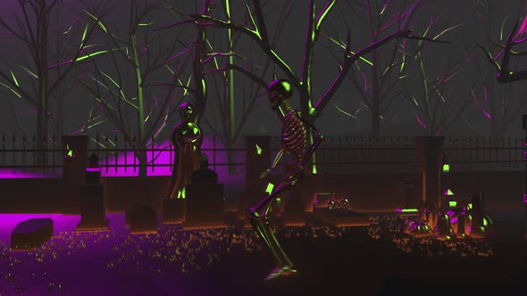 4K Glowing dancing skeleton in a graveyard