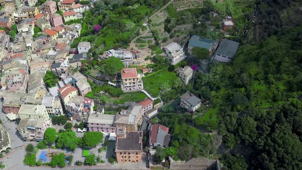 Panorama view of Monterosso al Mare.Panoramic drone view of railway and village.Unesco Heritage.4K alt
