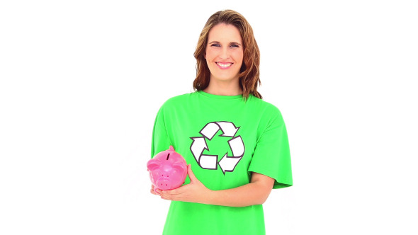 Smiling Environmental Activist Showing Piggy Bank