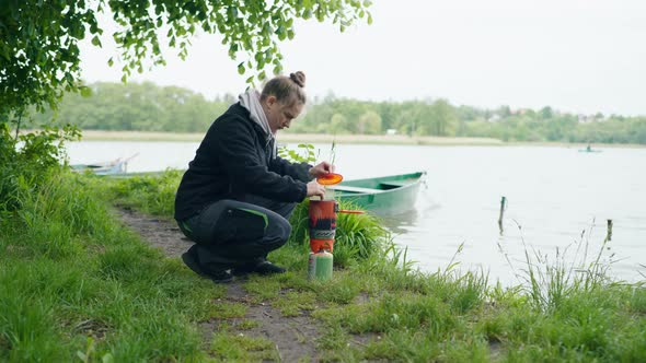 Young Girl Ready to Eat Outside on a Cloudy Day