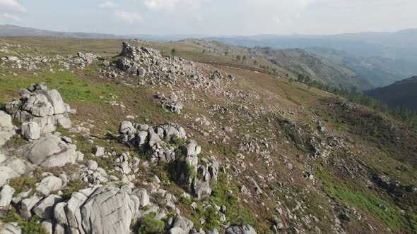 Aerial wide view of rocky landscape and geological formations at Peneda Geres National Park