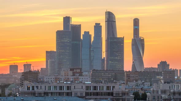 Moscow International Business Center and Moscow Urban Skyline After Sunset Day To Night Timelapse alt