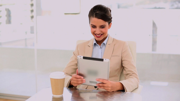 Smiling Beautiful Businesswoman Using A Laptop
