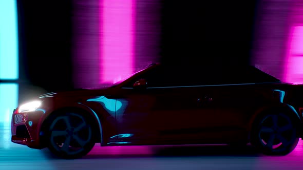A Modern Sports Car Drives Quickly Through an Abstract Tunnel of Ultraviolet Light