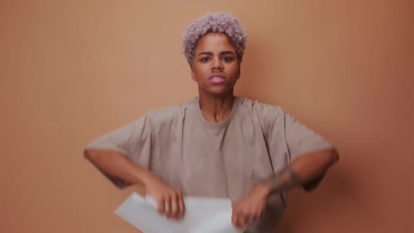 Angry Irritated Young African American Business Woman Throwing Papers Document alt