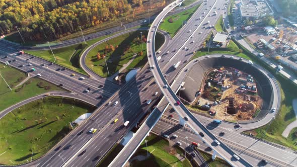 Aerial View of a Freeway Intersection Traffic Trails in Moscow alt
