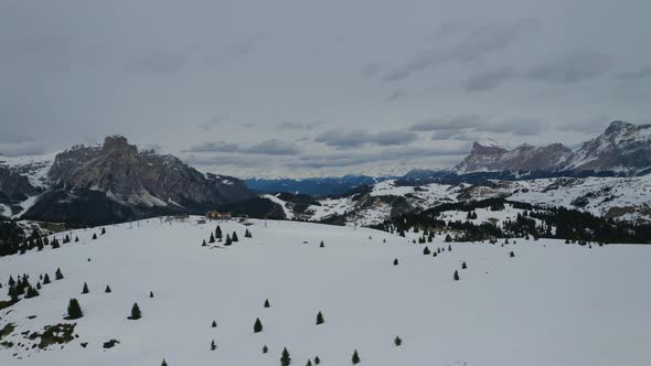 Aerial, Beautiful Winter Landscape In Snowy Dolomites Mountains In Italy