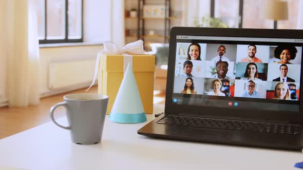 Laptop with People Having Virtual Birthday Party