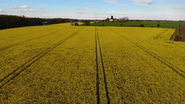 Drone approaching  windmill from far up over rapsmark. Sweden springtime alt