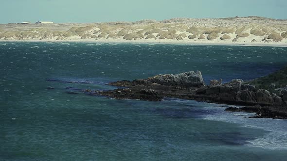 Turquoise Water and Rocky Cliffs in the Falkland Islands (Malvinas). alt