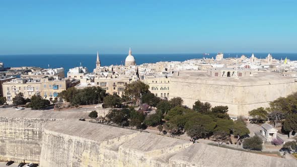 St. John's Bastion and Valletta Ditch, Malta. Aerial dolly out alt