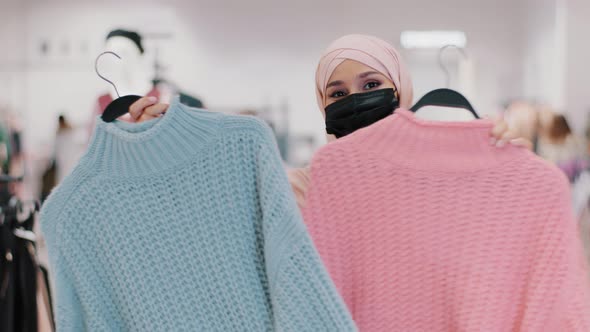 Muslim Young Woman in Medical Protective Mask During Pandemic Quarantine Islamic Girl in Hijab alt