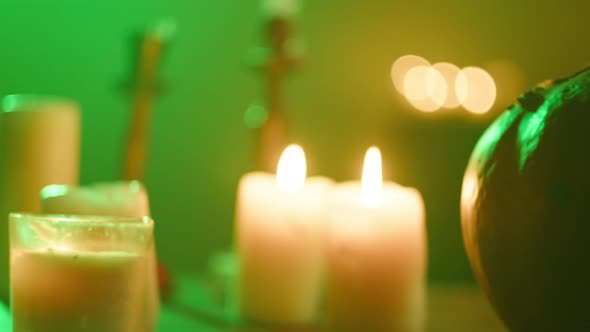 Jackolantern and Burning Candles Closeup alt