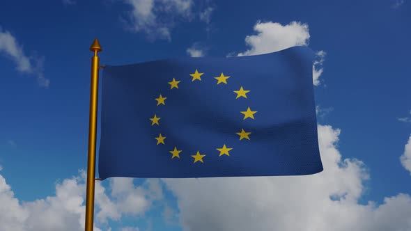 European Union flag with flagpole and blue sky timelapse, EU Flag of Europe alt