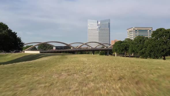 Drone footage of downtown Fort Worth Texas and Trinity River by 7th Street Bridge alt
