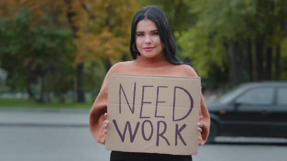 Closeup Beautiful Hispanic Young Woman Stands on Street Near Roadway Unemployed Girl Holding alt