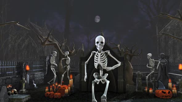 Skeleton dancing salsa in a cemetery alt