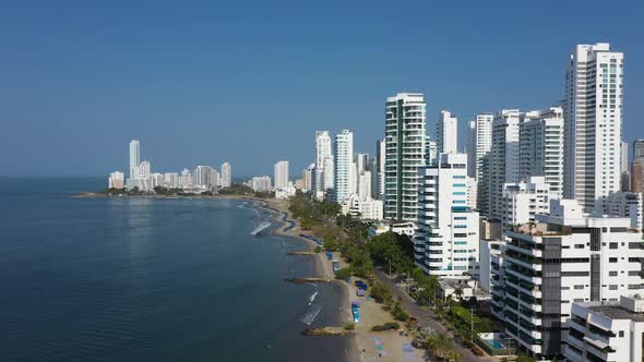 The Public Beach in the Modern City in Cartagena Colombia Aerial View
