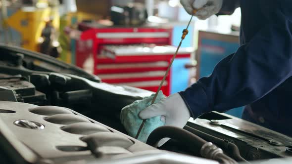 Automotive Technician Checks Engine Oil
