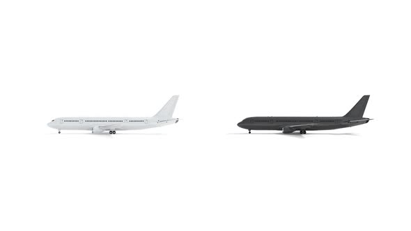 Blank black and white airplane mockup set, looped rotation alt