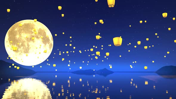 full moon lake Sky Lanterns 