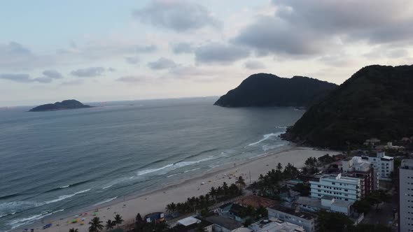 Aerial View of Tropical Beach in Brazil Guarujá Sunset