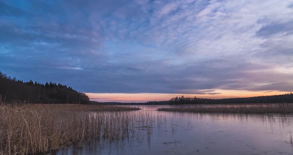 Sunset Timelapse Over Natural Frozen Lake, Calm View